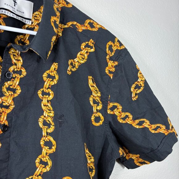 Father Sons Stretch Slim Fit Black Gold Chain Print Short Sleeve Shirt XXL Retro - Picture 3 of 6